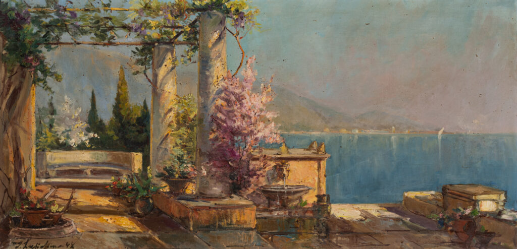 Q0516-0001 - Georges LAPCHINE (Moscou, 1885 - Paris, 1950) - Description : Vue de Capri (1944) Huile sur toile, signée et datée en bas à gauche “G. Lapchine 44”. Taches. Encadré. H. 55,5 x L. 100 cm. - Adjugé 13 000 € lors de la vente Art russe du 05 juin 2026