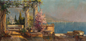 Q0516-0001 - Georges LAPCHINE (Moscou, 1885 - Paris, 1950) - Description : Vue de Capri (1944) Huile sur toile, signée et datée en bas à gauche “G. Lapchine 44”. Taches. Encadré. H. 55,5 x L. 100 cm. - Adjugé 13 000 € lors de la vente Art russe du 05 juin 2026