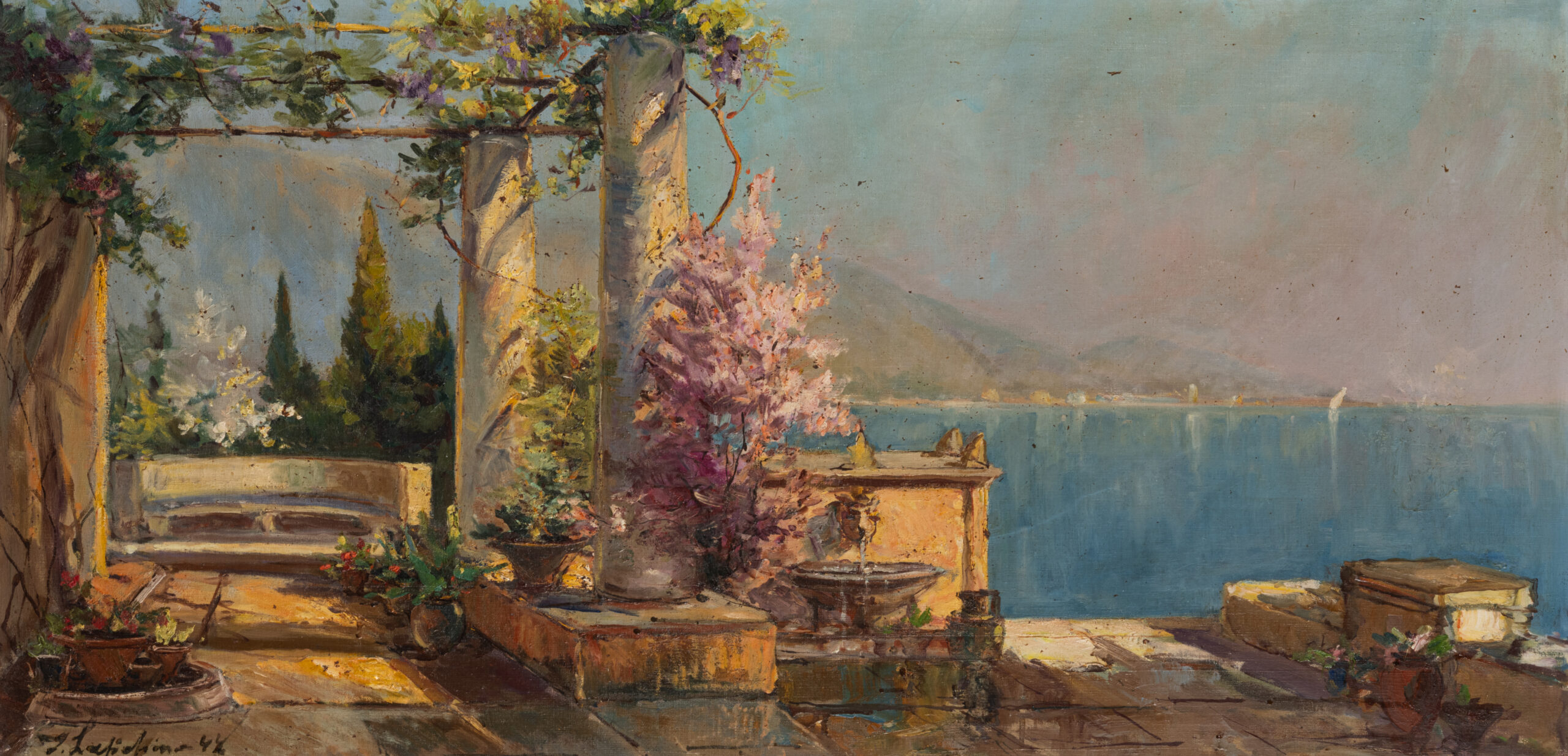 Q0516-0001 - Georges LAPCHINE (Moscou, 1885 - Paris, 1950) - Description : Vue de Capri (1944) Huile sur toile, signée et datée en bas à gauche “G. Lapchine 44”. Taches. Encadré. H. 55,5 x L. 100 cm. - Adjugé 13 000 € lors de la vente Art russe du 05 juin 2026