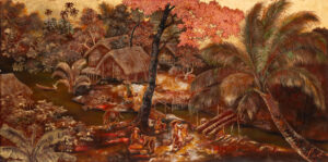 Ⓟ LE THY (1919-1961) "Vue du village" Description : Panneau en laque polychrome Signé en bas à droite 61 x 122,5 cm - Adjugé 11 500 €