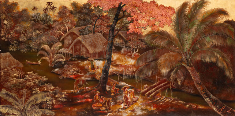 Ⓟ LE THY (1919-1961) "Vue du village" Description : Panneau en laque polychrome Signé en bas à droite 61 x 122,5 cm - Adjugé 11 500 €
