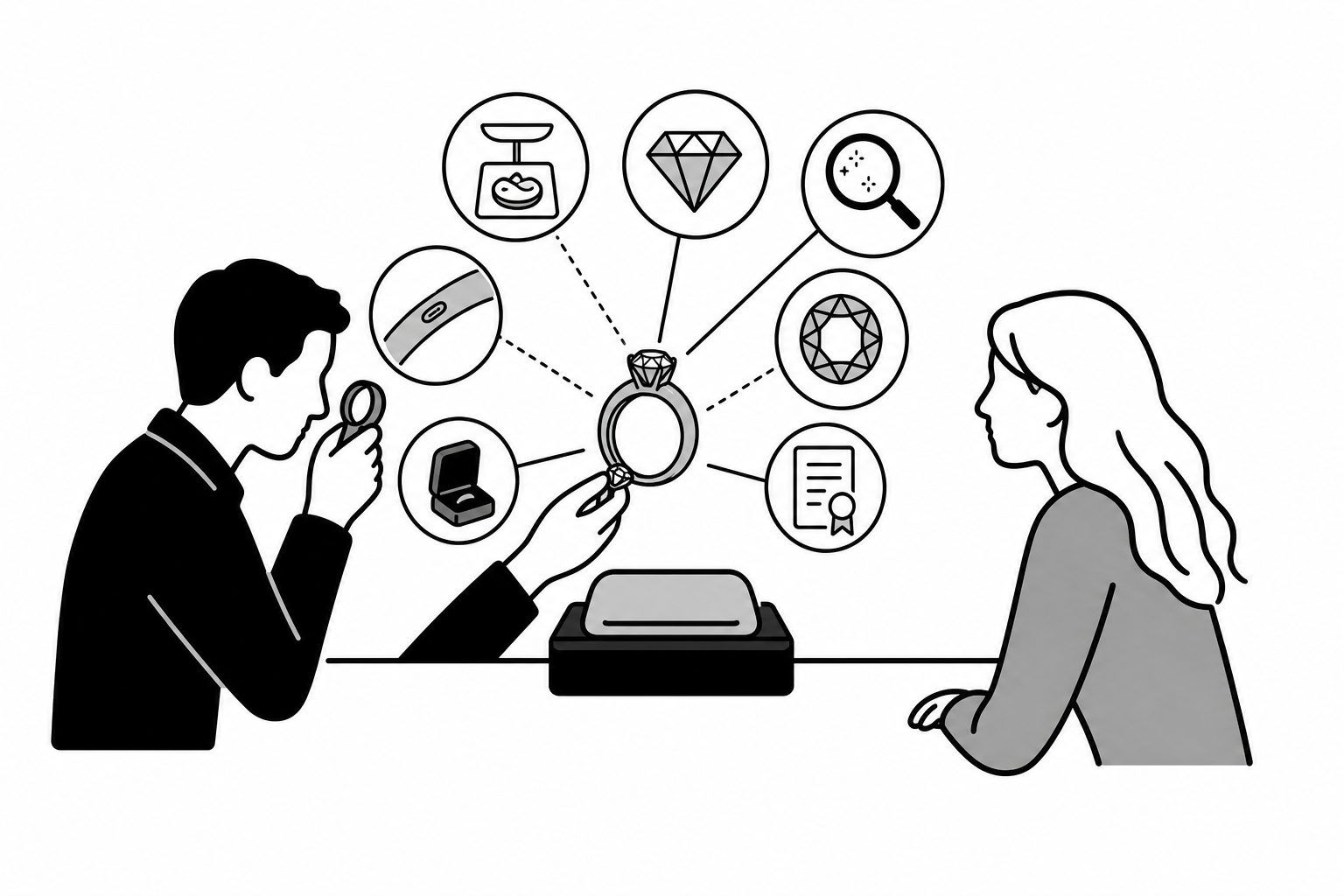 Illustration éditoriale liée au sujet : Quels critères déterminent la valeur d’une bague en or sertie d’un diamant ?