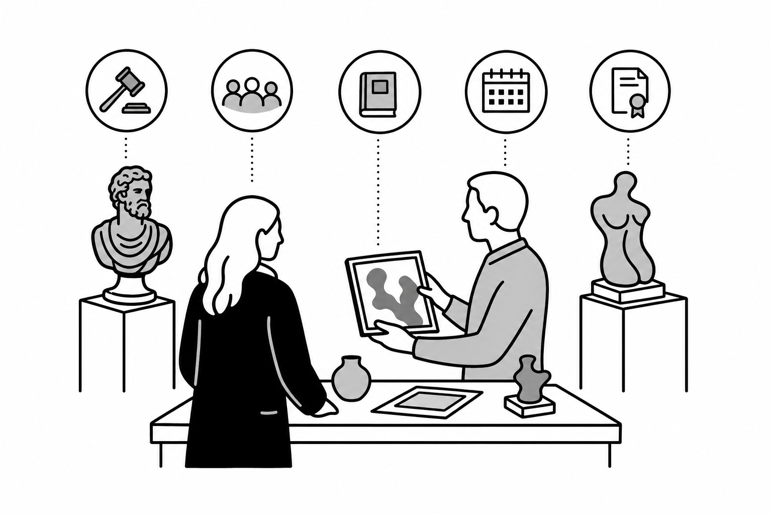 Illustration éditoriale liée au sujet : Comment choisir la meilleure vente aux enchères pour une œuvre d’art ?