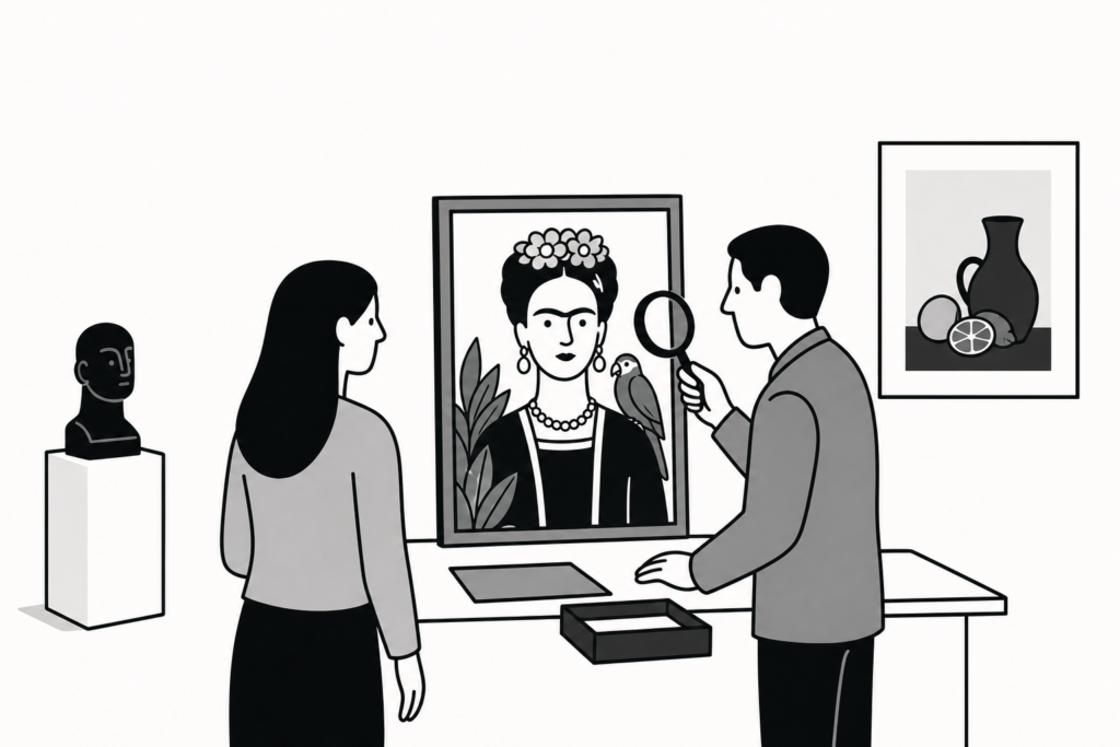 Illustration éditoriale liée au sujet : Estimation Frida Kahlo : prix, cote et authentification aux enchères