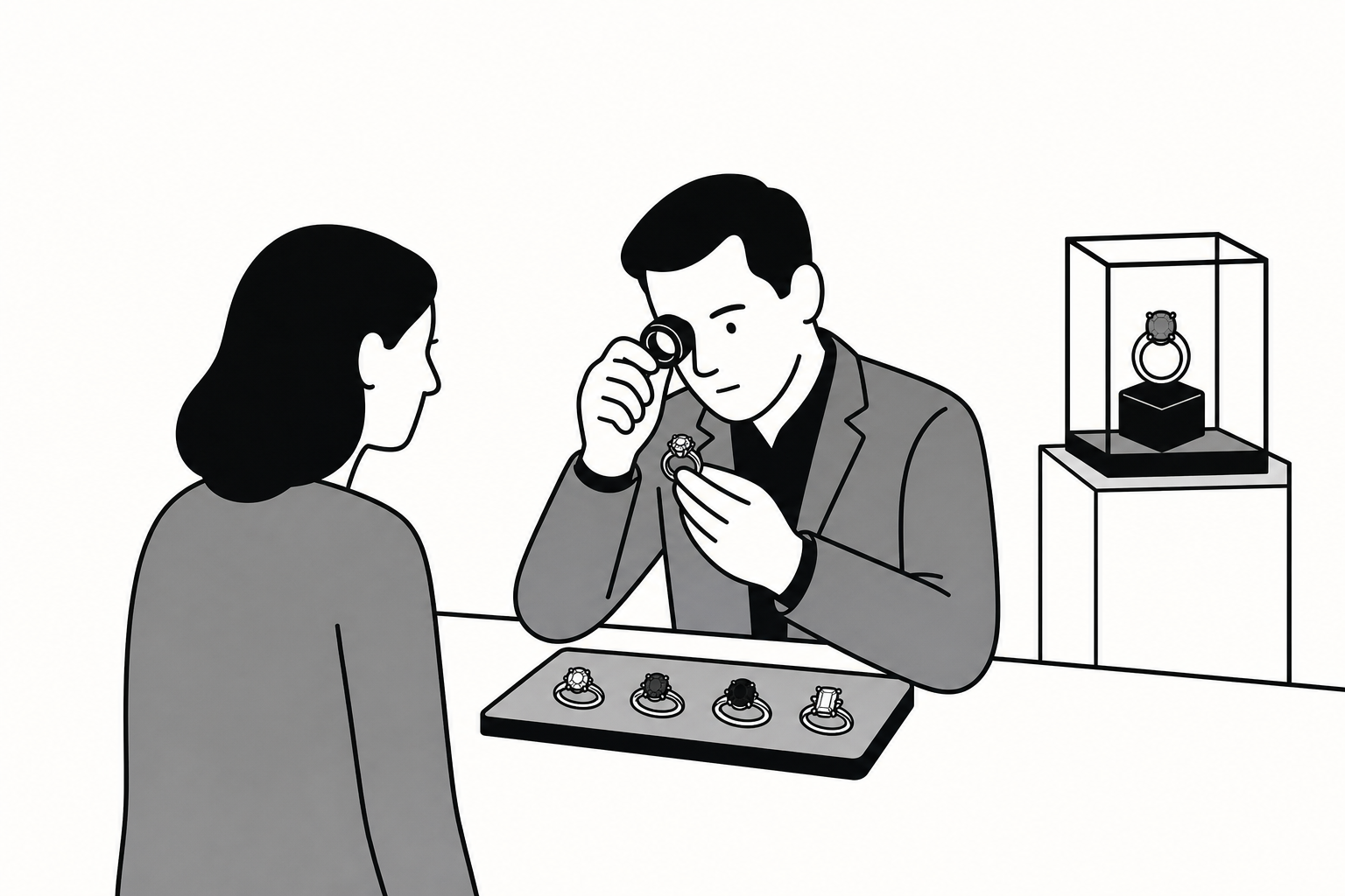 Illustration éditoriale liée au sujet : Quels critères déterminent la valeur d’une bague en diamant, rubis, saphir ou émeraude ?
