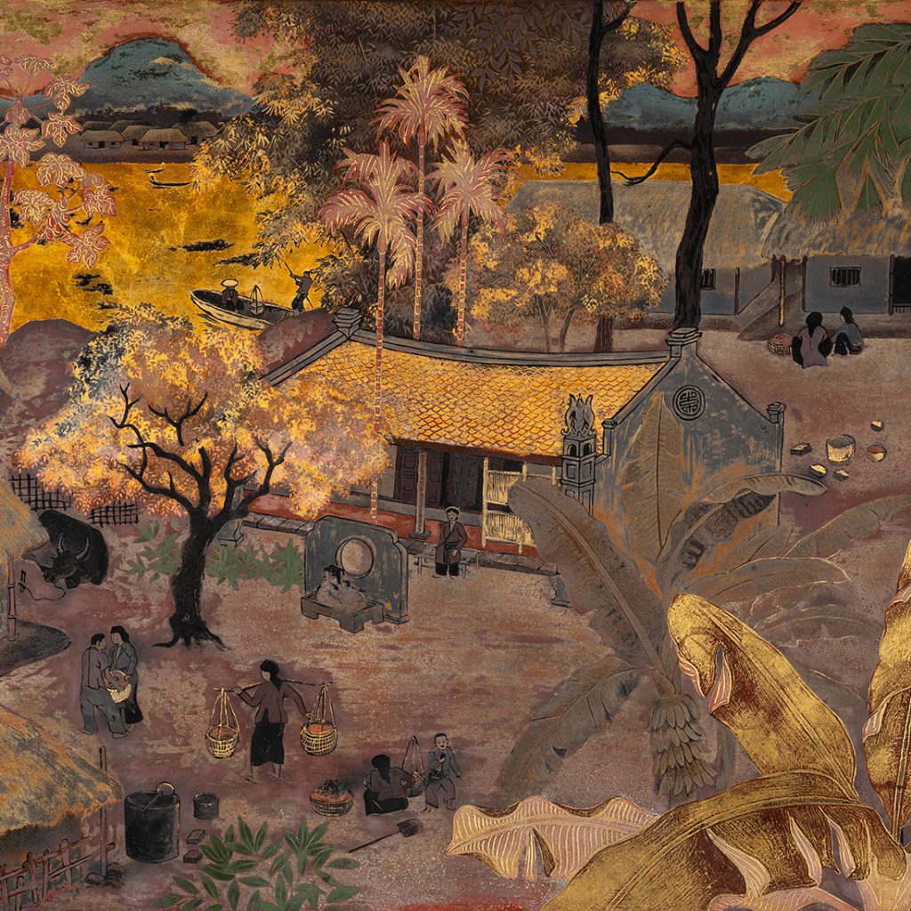 Estimation "Arts du Vietnam" cette œuvre de "PHAM HAU" intitulé "Village en bord de rivière", proposer a la vente par notre cabinet d'expertise, adjugé 40 000 €