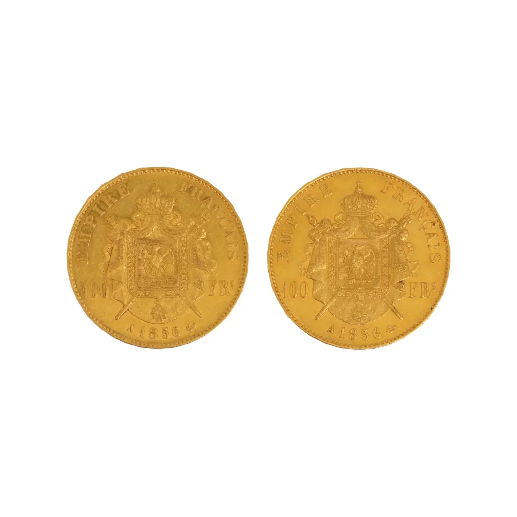 Expertise et estimation en numismatique, Deux pièces de 100 francs or Napoléon III tête nue (2 x 1856 A). Poids net: 64.4 gr, adjugé 5 530 €