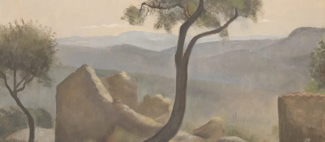 N1713_0039, Réalisé en 1929 Huile sur toile 54 x 65 cm Signé en bas à droite "Coubine" Au dos du châssis, l'étiquette ancienne du marchand Théophile Briand 32 rue de Béry, avec le numéro d'inventaire 10966, octobre 1929 Coubine montagne de Digne Au dos du châssis, une étiquette ancienne partiellement déchirée avec les indications "Coubine 1929"