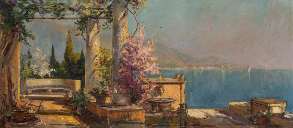 Q0516-0001 - Georges LAPCHINE (Moscou, 1885 - Paris, 1950) - Description : Vue de Capri (1944) Huile sur toile, signée et datée en bas à gauche “G. Lapchine 44”. Taches. Encadré. H. 55,5 x L. 100 cm. - Adjugé 13 000 € lors de la vente Art russe du 05 juin 2026