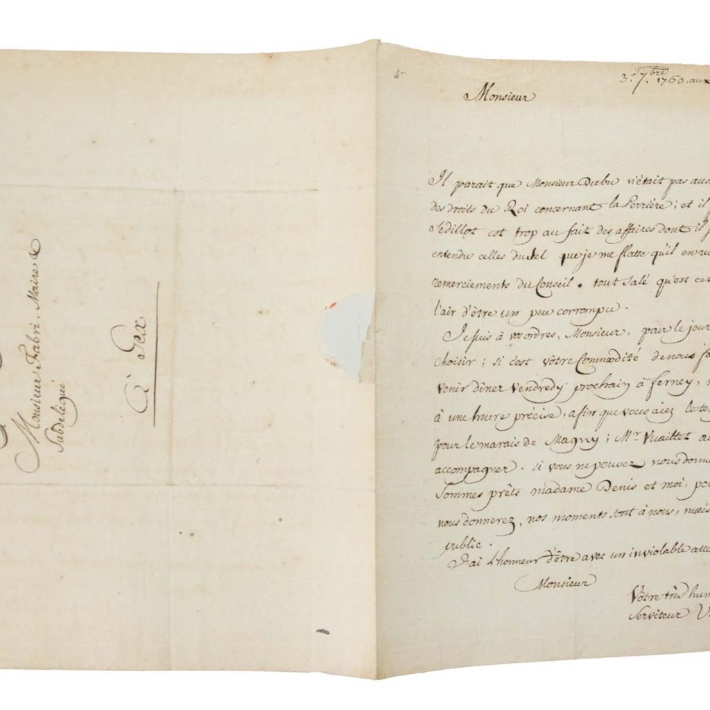 Estimation "Livres & Manuscrit" et expertise de cette lettre de "Voltare" proposer a la vente par notre cabinet d'expertise et adjugé 2 100 €, bis